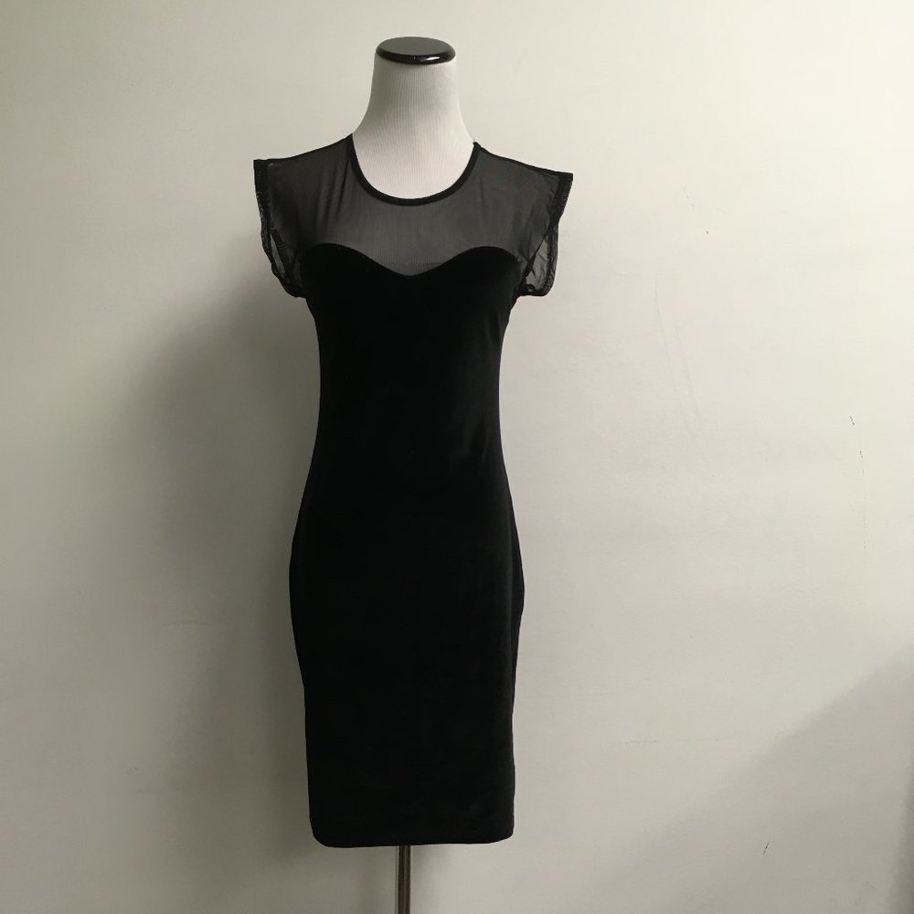 David Lerner Intermix black velvet + sheer bodycon stretch dress USA M